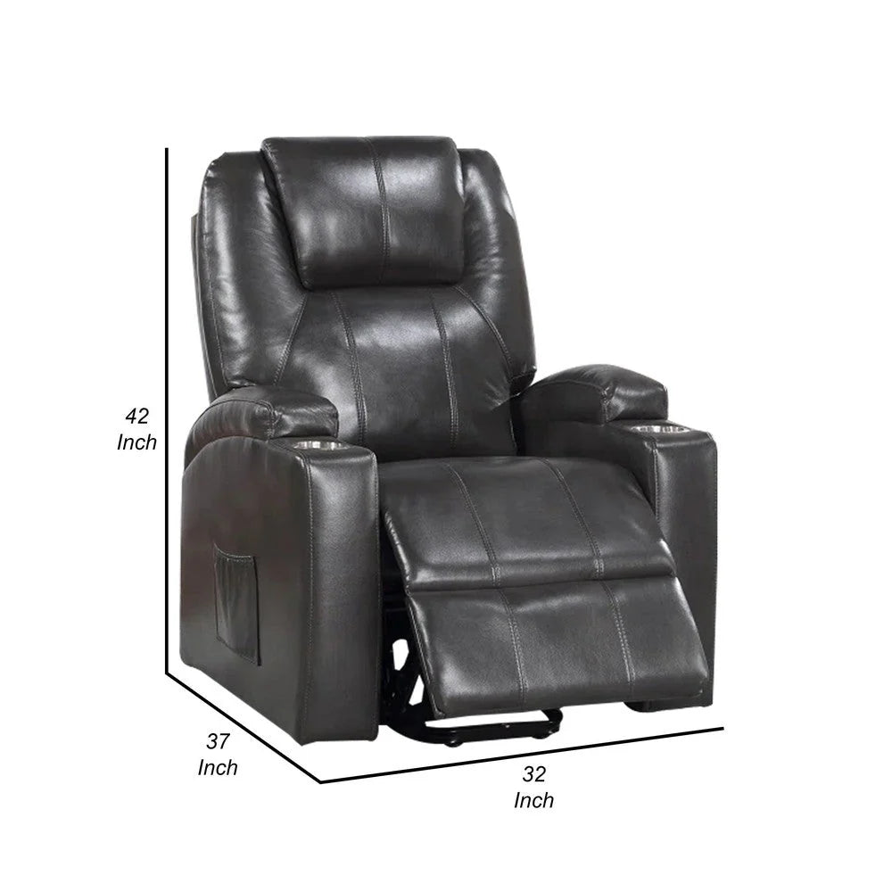Evans 37 Inch Recliner Chair, Power Lift, Cupholders, Gray Faux Leather by Benzara