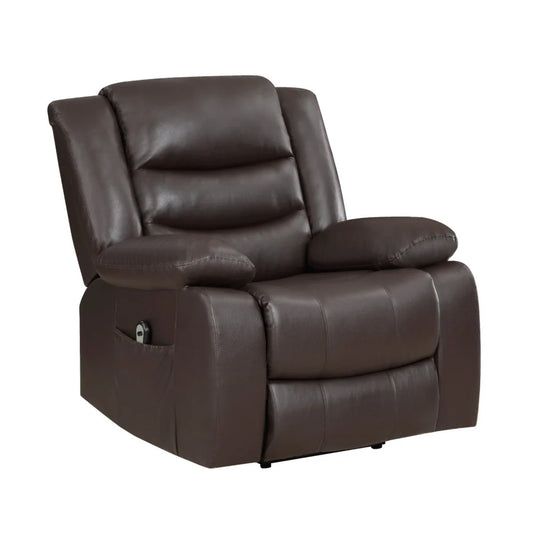 Carry 39 Inch Power Lift Recliner Chair, Solid Wood Dark Brown Faux Leather By Benzara