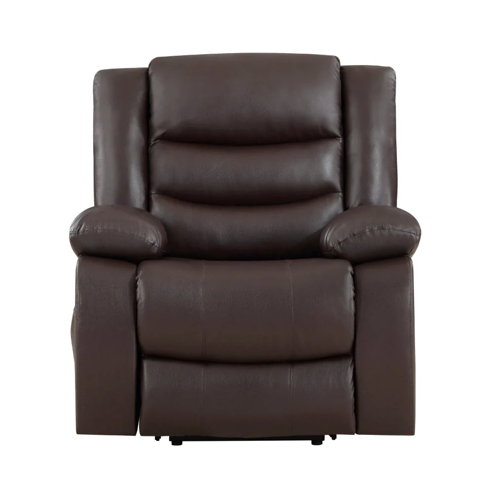 Carry 39 Inch Power Lift Recliner Chair, Solid Wood Dark Brown Faux Leather By Benzara