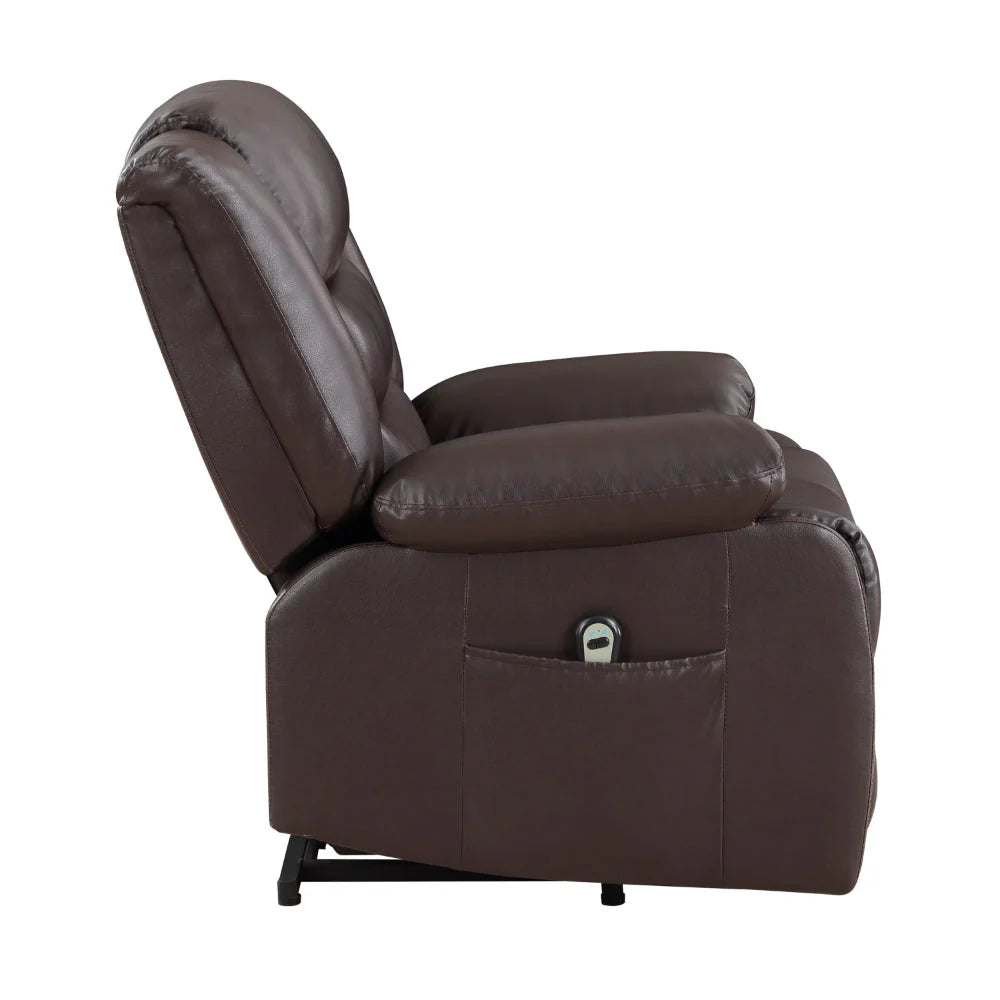 Carry 39 Inch Power Lift Recliner Chair, Solid Wood Dark Brown Faux Leather By Benzara