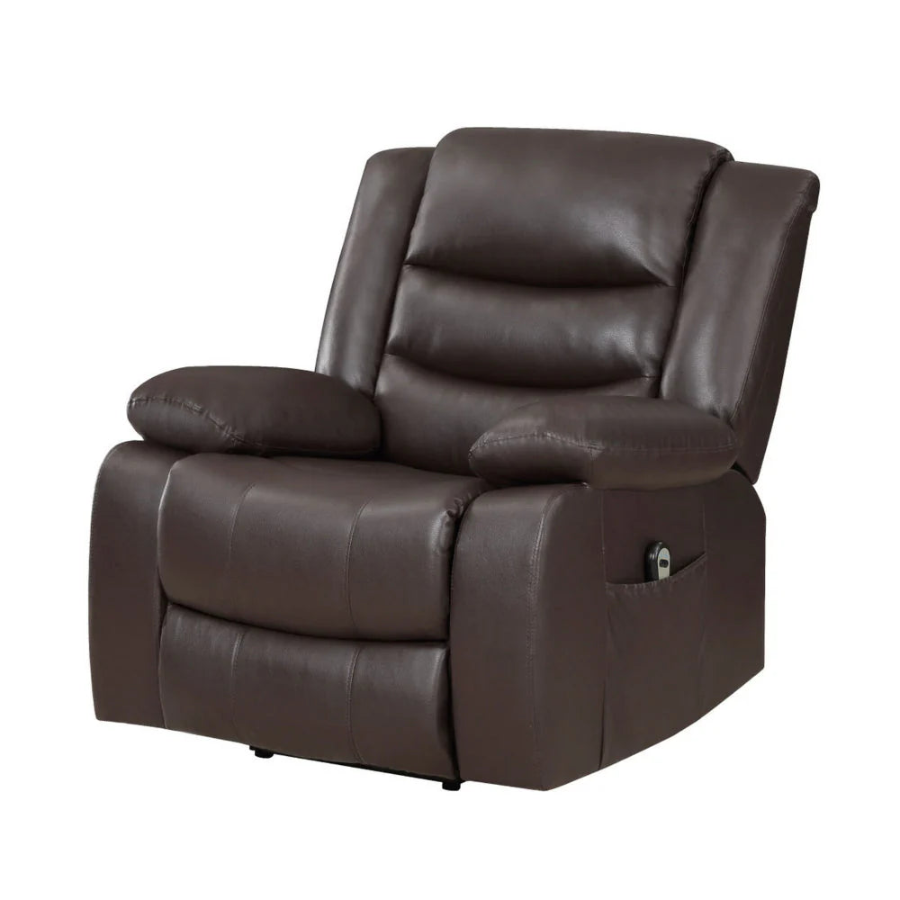 Carry 39 Inch Power Lift Recliner Chair, Solid Wood Dark Brown Faux Leather By Benzara
