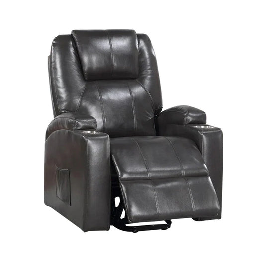 Evans 37 Inch Recliner Chair, Power Lift, Cupholders, Gray Faux Leather by Benzara