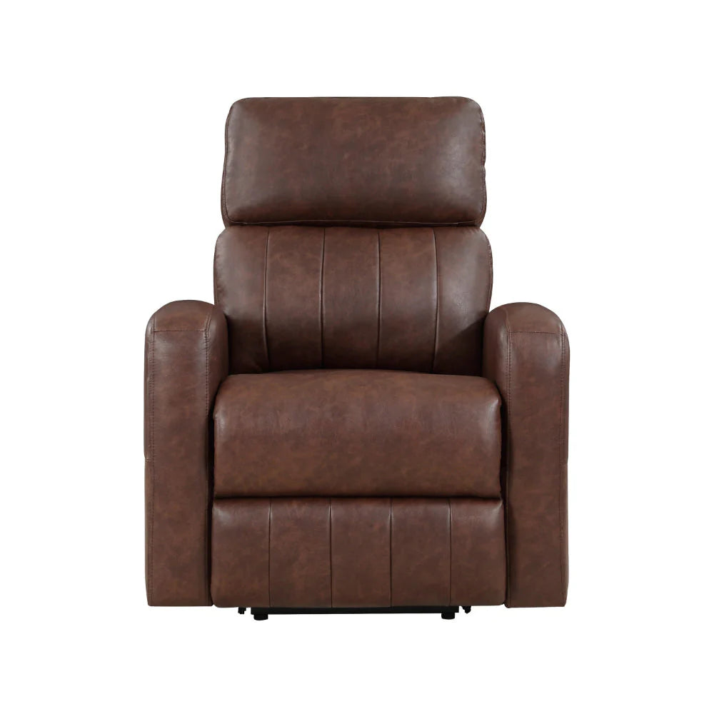 Eva 38 Inch Power Lift Recliner Chair, Brown Faux Leather, Solid Wood By Benzara