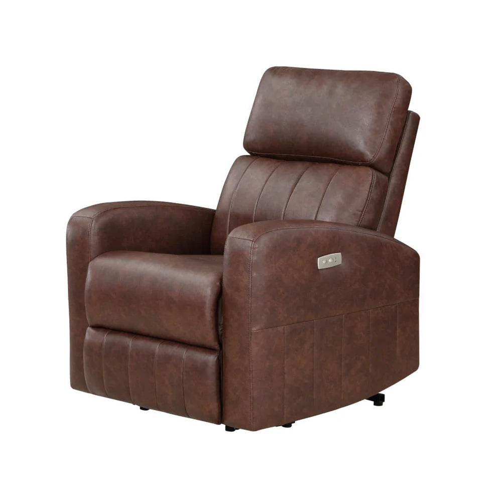 Eva 38 Inch Power Lift Recliner Chair, Brown Faux Leather, Solid Wood By Benzara