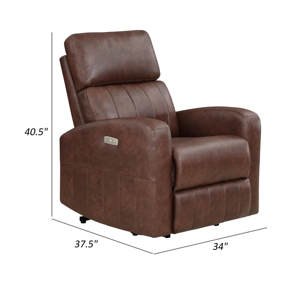 Eva 38 Inch Power Lift Recliner Chair, Brown Faux Leather, Solid Wood By Benzara