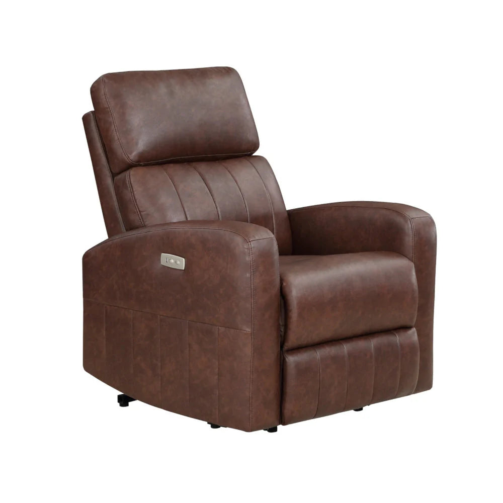 Eva 38 Inch Power Lift Recliner Chair, Brown Faux Leather, Solid Wood By Benzara